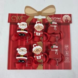 CWC Christmas Silicone Straw Toppers 6pc Santa Mrs Claus BPA Free